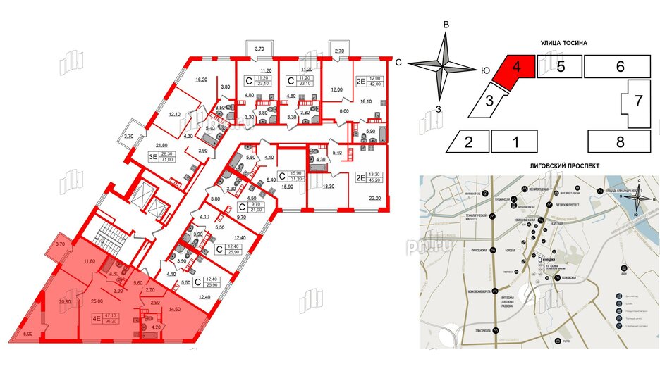 Квартира в ЖК Куинджи, 3 комнатная, 96.2 м², 6 этаж