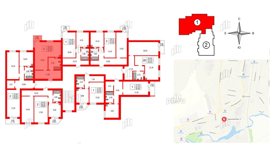 Квартира в ЖК Куралева, 13, студия, 48.1 м², 2 этаж