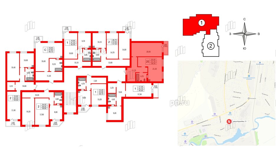 Квартира в ЖК Куралева, 13, 1 комнатная, 58.5 м², 2 этаж