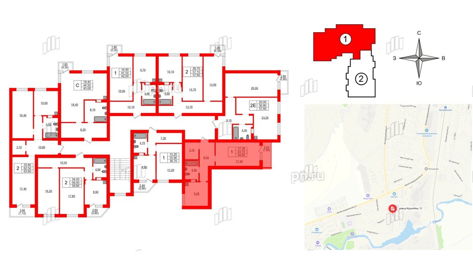 Квартира в ЖК Куралева, 13, 1 комнатная, 44.9 м², 3 этаж