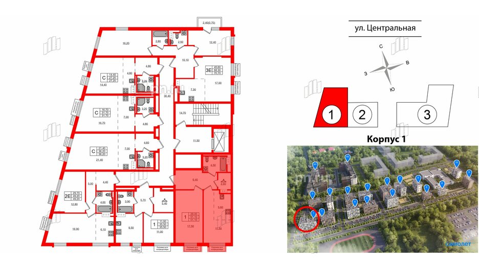 Квартира в ЖК Курортный квартал, 1 комнатная, 51.1 м², 2 этаж