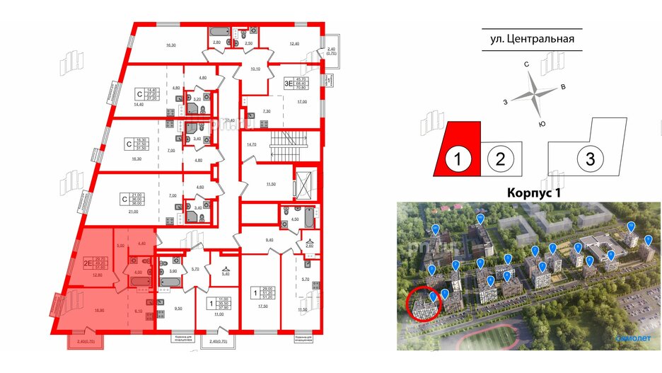 Квартира в ЖК Курортный квартал, 1 комнатная, 51.6 м², 3 этаж