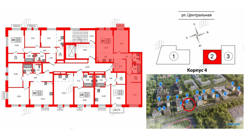 Квартира в ЖК Курортный квартал, 2 комнатная, 65.2 м², 2 этаж