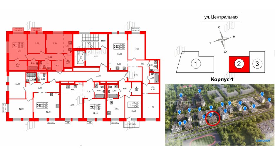 Квартира в ЖК Курортный квартал, 2 комнатная, 60.4 м², 2 этаж