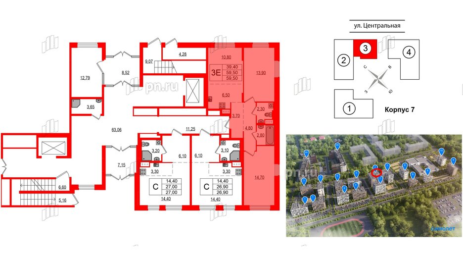 Квартира в ЖК Курортный квартал, 2 комнатная, 59.5 м², 1 этаж