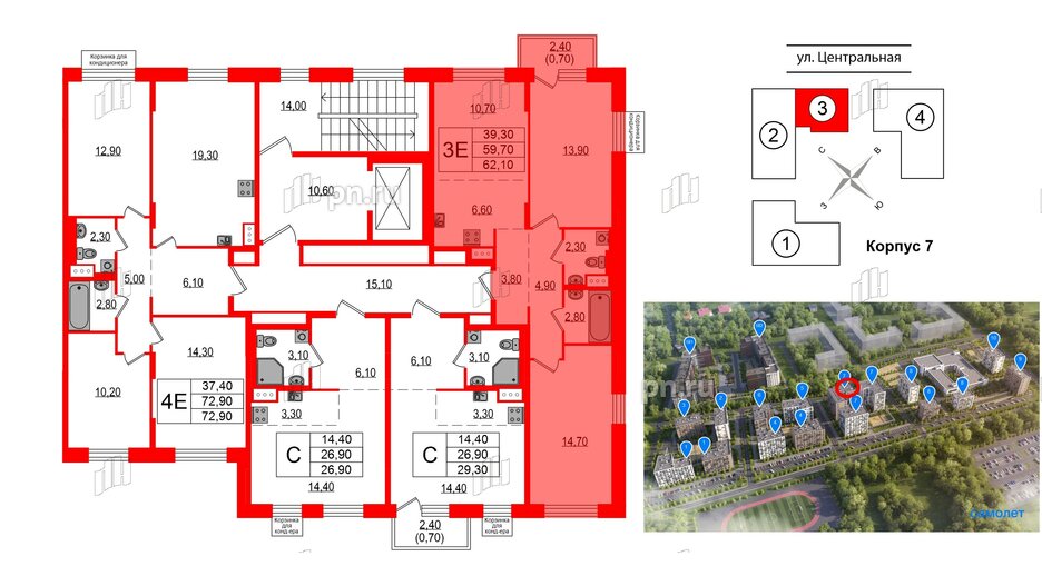 Квартира в ЖК Курортный квартал, 2 комнатная, 62.1 м², 3 этаж