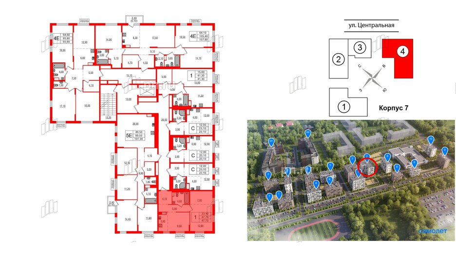 Квартира в ЖК Курортный квартал, 1 комнатная, 47.7 м², 2 этаж