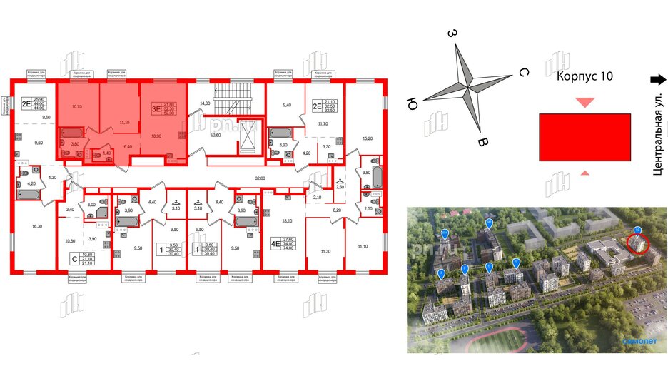 Квартира в ЖК Курортный квартал, 2 комнатная, 52.3 м², 2 этаж