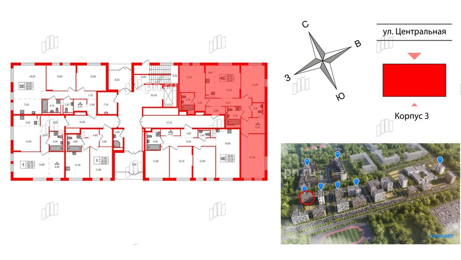 Квартира в ЖК Курортный квартал, 3 комнатная, 93.4 м², 1 этаж