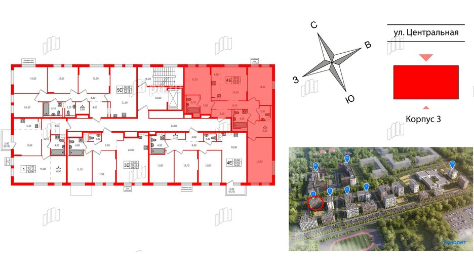 Квартира в ЖК Курортный квартал, 3 комнатная, 93.4 м², 3 этаж