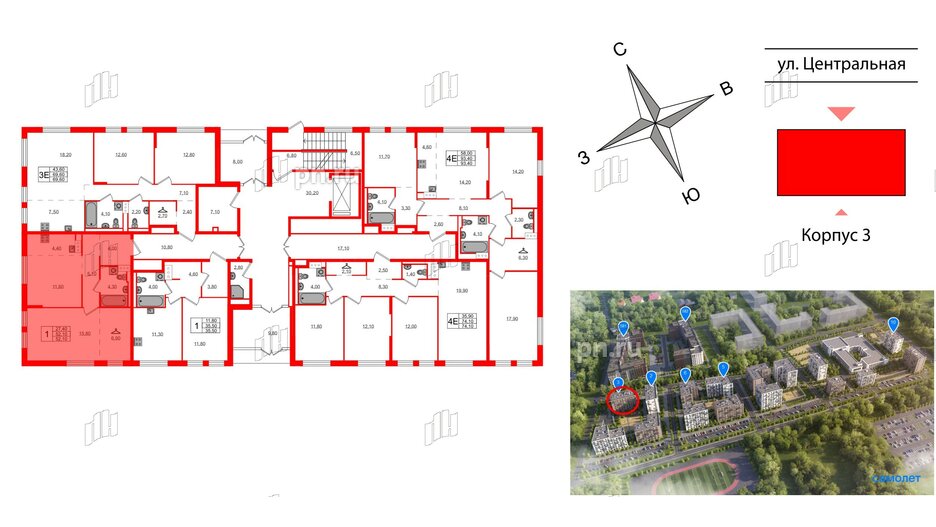 Квартира в ЖК Курортный квартал, 1 комнатная, 52.1 м², 1 этаж