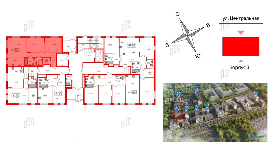 Квартира в ЖК Курортный квартал, 2 комнатная, 69.6 м², 1 этаж