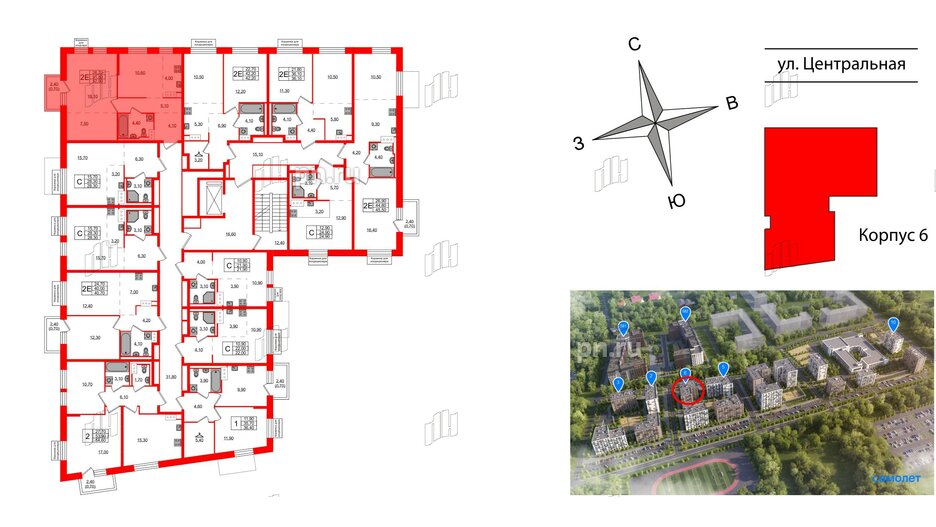 Квартира в ЖК Курортный квартал, 1 комнатная, 52.5 м², 3 этаж