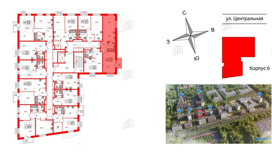 Квартира в ЖК Курортный квартал, 1 комнатная, 45.5 м², 3 этаж