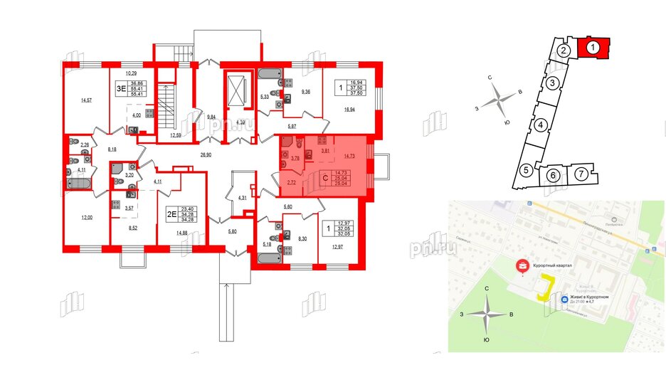 Квартира в ЖК Курортный квартал, студия, 25.04 м², 1 этаж