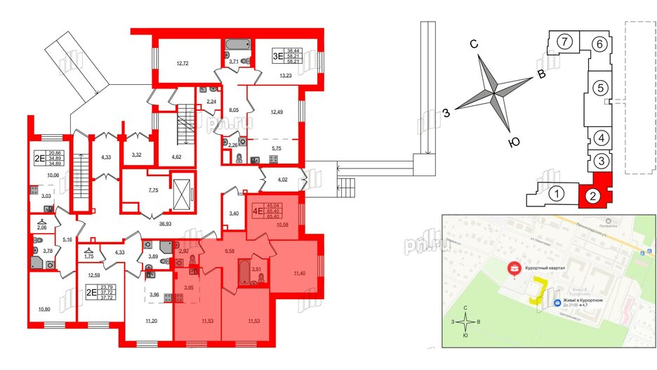 Квартира в ЖК Курортный квартал, 3 комнатная, 65.4 м², 1 этаж