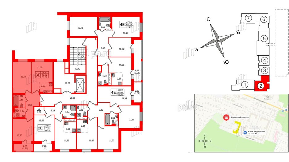 Квартира в ЖК Курортный квартал, 2 комнатная, 53.88 м², 5 этаж