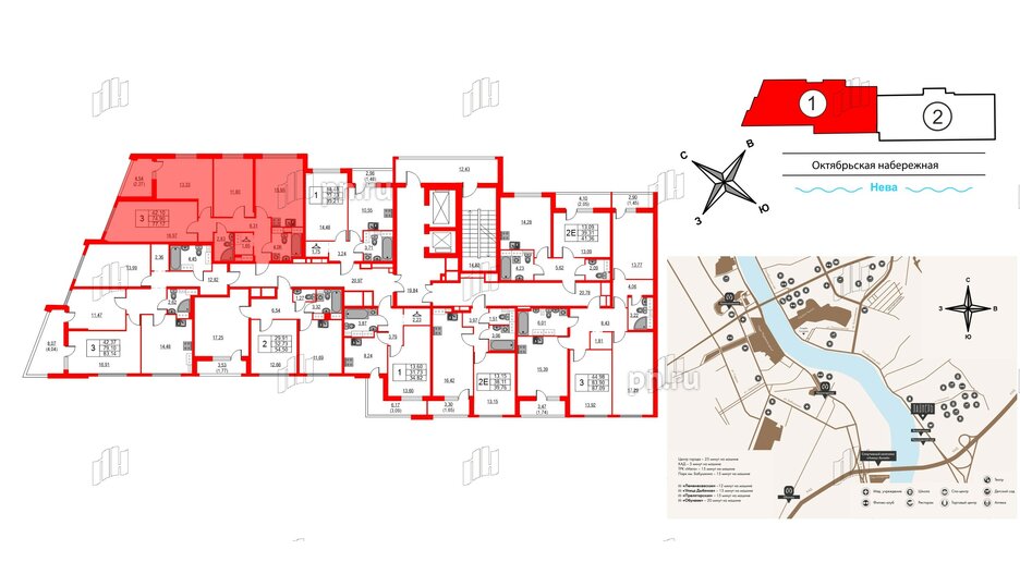 Квартира в ЖК Лайнеръ, 3 комнатная, 77.17 м², 13 этаж