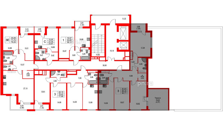 Квартира в ЖК Лайнеръ, 3 комнатная, 94.71 м², 13 этаж