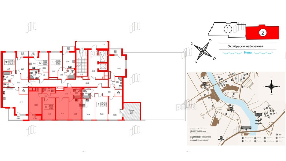 Квартира в ЖК Лайнеръ, 3 комнатная, 77.86 м², 13 этаж