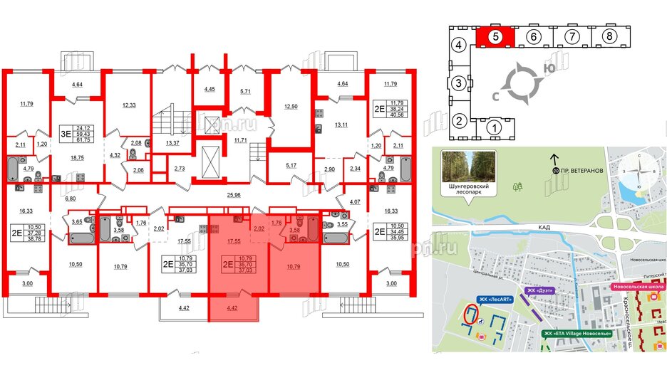 Квартира в ЖК ЛесArt, 1 комнатная, 37.03 м², 1 этаж