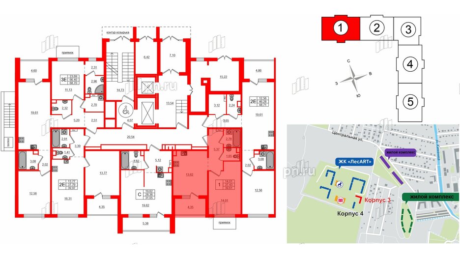 Квартира в ЖК ЛесArt, 1 комнатная, 39.61 м², 1 этаж