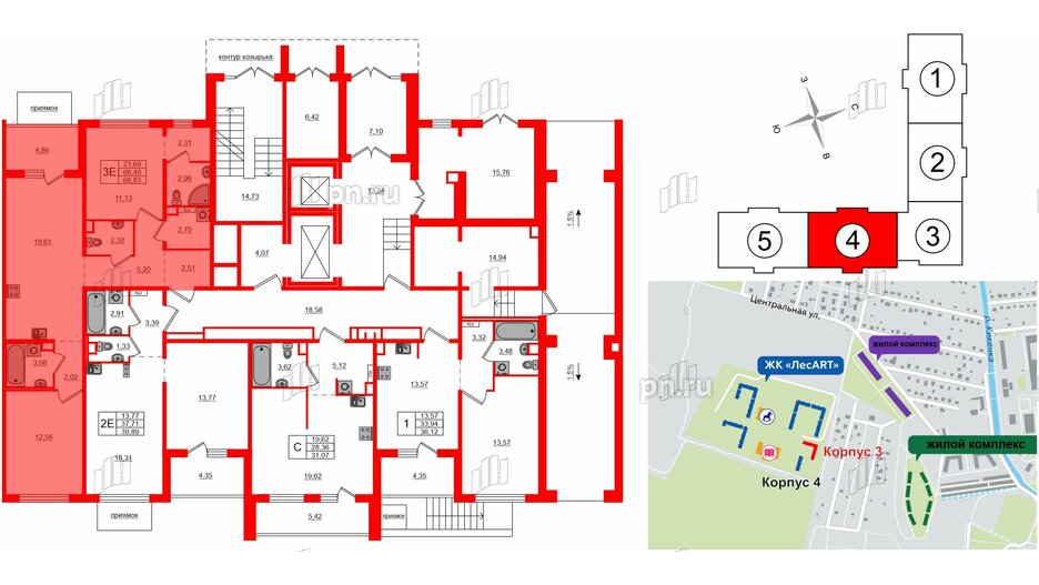 Квартира в ЖК ЛесArt, 2 комнатная, 68.83 м², 1 этаж