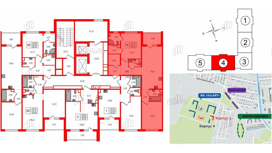 Квартира в ЖК ЛесArt, 2 комнатная, 68.83 м², 3 этаж