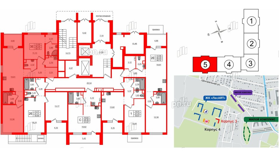 Квартира в ЖК ЛесArt, 2 комнатная, 68.7 м², 1 этаж