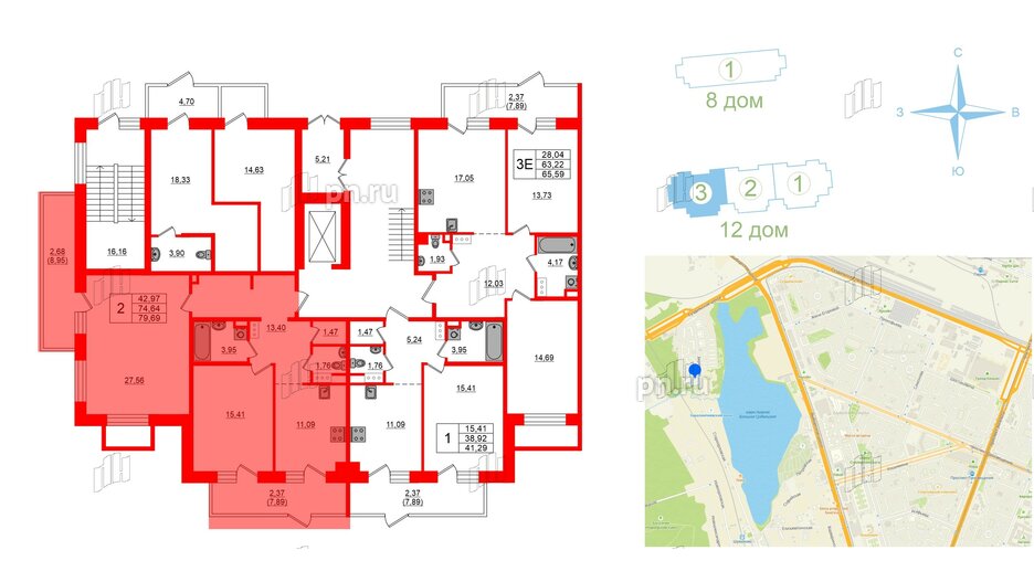 Квартира в ЖК Лофт у Озера, 2 комнатная, 81.4 м², 1 этаж