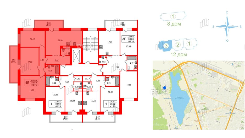 Квартира в ЖК Лофт у Озера, 3 комнатная, 96.7 м², 2 этаж