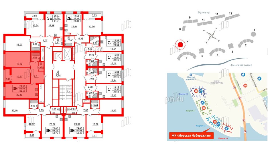 Квартира в ЖК Морская набережная.SeaView 2, 2 комнатная, 65.52 м², 17 этаж