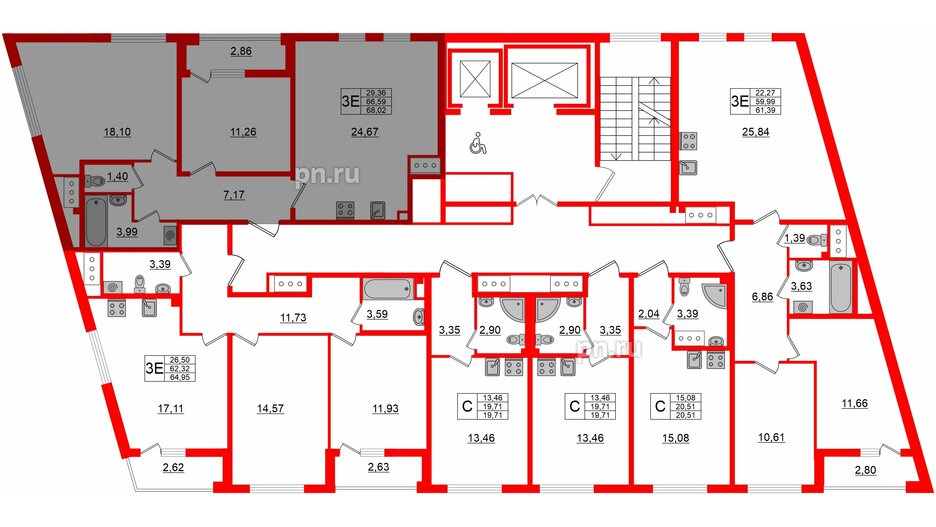 Квартира в ЖК Морская набережная 2, 2 комнатная, 69.9 м², 14 этаж