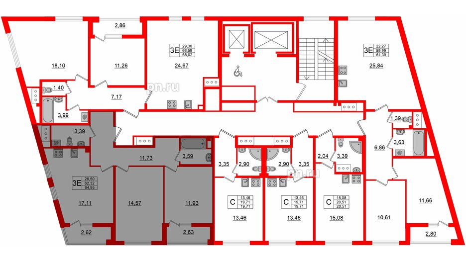 Квартира в ЖК Морская набережная 2, 2 комнатная, 64.4 м², 17 этаж