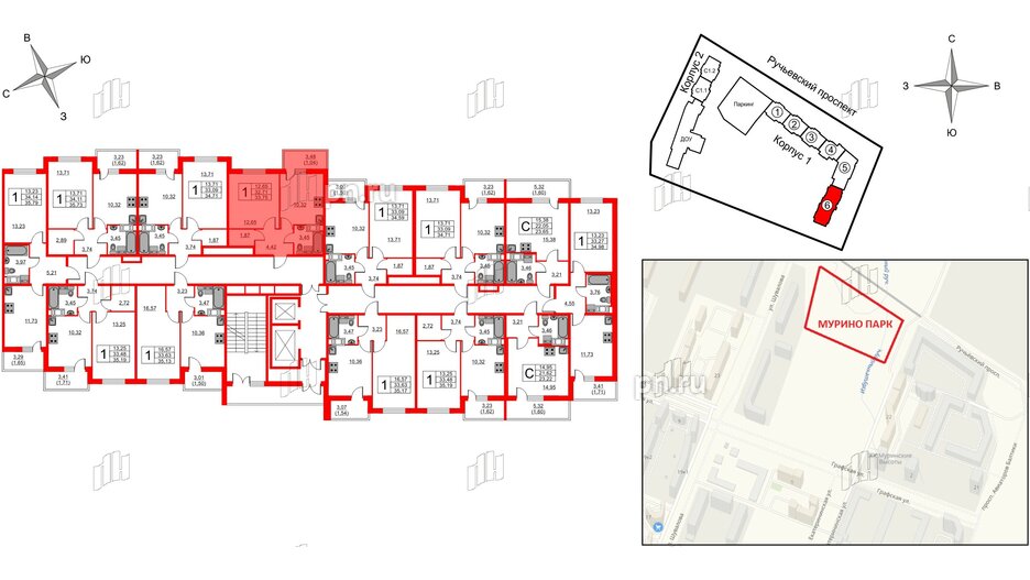 Квартира в ЖК Мурино Парк, 1 комнатная, 33.75 м², 7 этаж