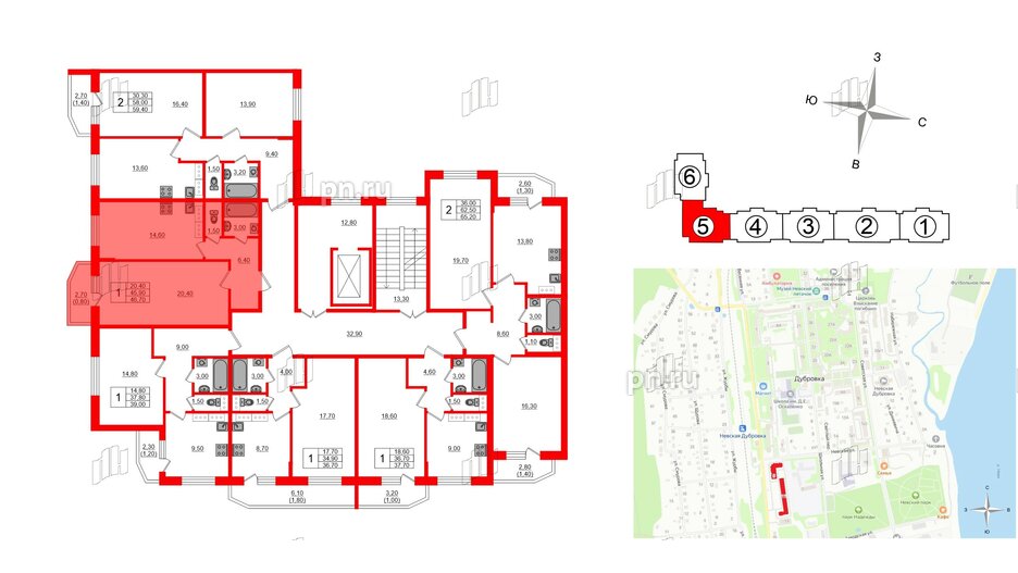 Квартира в ЖК Невская история, 1 комнатная, 45.9 м², 3 этаж