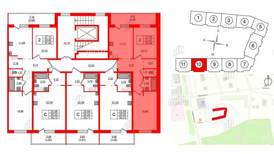 Квартира в ЖК Невский Берег, 2 комнатная, 56.88 м², 3 этаж