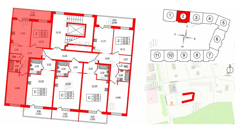 Квартира в ЖК Невский Берег, 2 комнатная, 57 м², 3 этаж