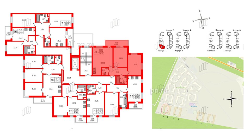 Квартира в ЖК «Новая история», 2 комнатная, 68.56 м², 2 этаж