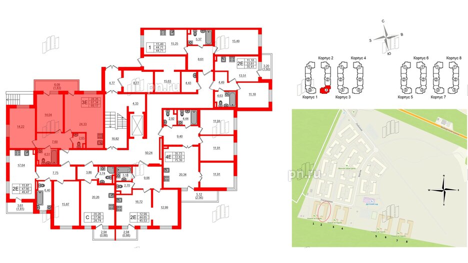 Квартира в ЖК Новая история, 2 комнатная, 69.17 м², 1 этаж