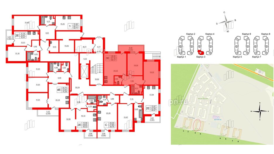 Квартира в ЖК Новая история, 2 комнатная, 69.17 м², 1 этаж