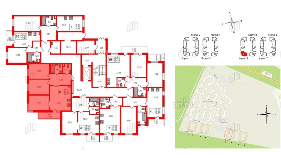 Квартира в ЖК «Новая история», 3 комнатная, 75.39 м², 1 этаж