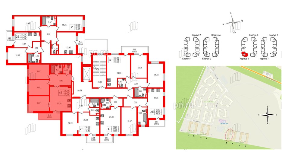 Квартира в ЖК Новая история, 3 комнатная, 74.73 м², 2 этаж