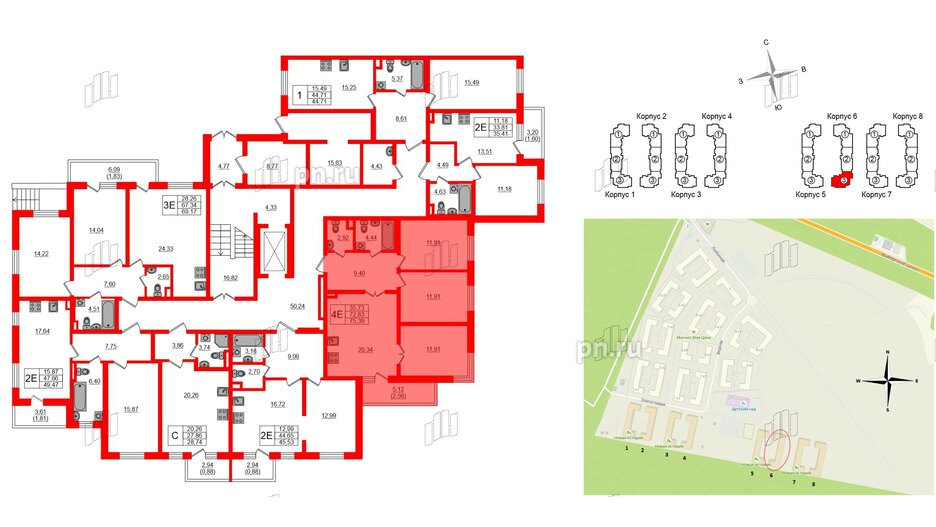 Квартира в ЖК Новая история, 3 комнатная, 75.39 м², 1 этаж