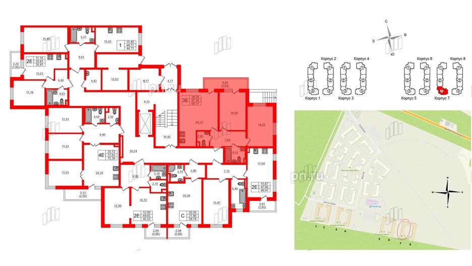 Квартира в ЖК Новая история, 2 комнатная, 69.17 м², 1 этаж