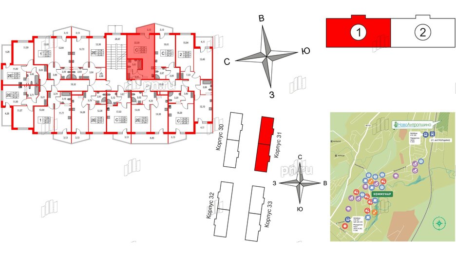 Квартира в ЖК Новоантропшино, студия, 30 м², 2 этаж