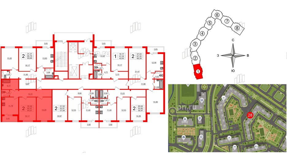 Квартира в ЖК «Новое Горелово», 2 комнатная, 64.67 м², 1 этаж