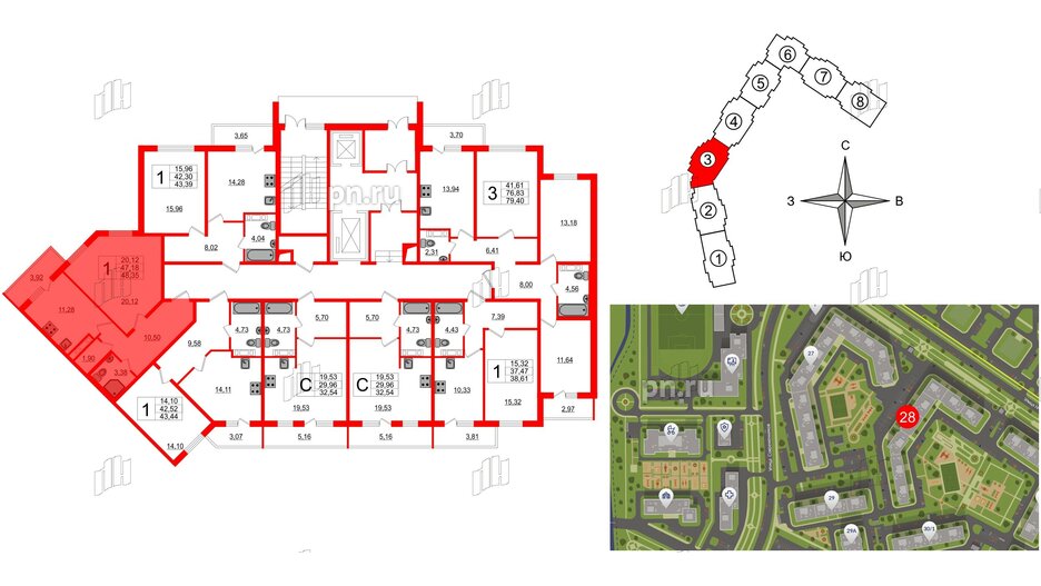 Квартира в ЖК «Новое Горелово», 1 комнатная, 48.35 м², 1 этаж