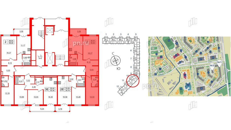 Квартира в ЖК «Новое Горелово», 2 комнатная, 59.26 м², 1 этаж