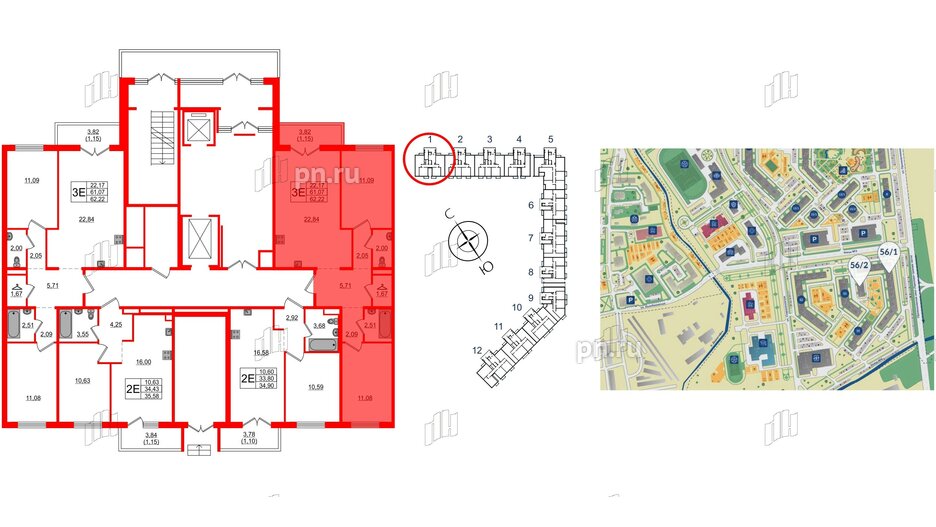 Квартира в ЖК «Новое Горелово», 2 комнатная, 62.22 м², 1 этаж